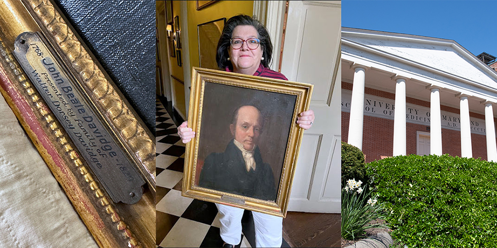 Meg Fielding, director of the history of Maryland medicine at MedChi, the Maryland State Medical Society, holds an 1844 portrait of Dr. John Davidge, founder and first dean of the UMSOM