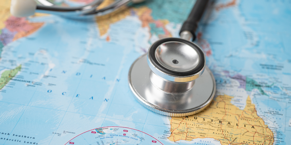 A stethoscope sits on a map