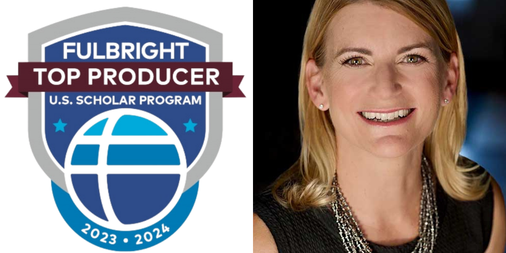 Logo for Fulbright Top Producing University and Nicole Brandt headshot