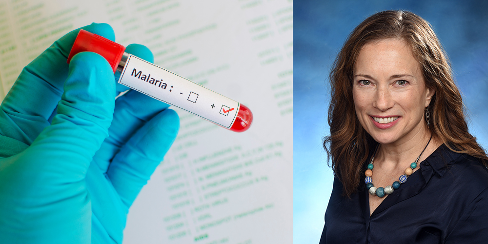 A headshot of a woman doctor and a medical-gloved hand holding a viral labeled "Malaria"
