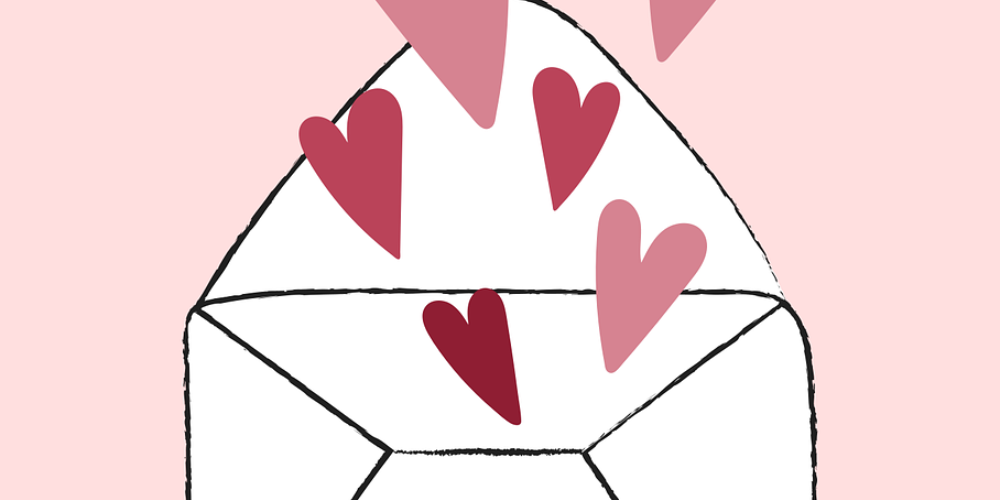 Graphic of an red hearts floating out of an envelope
