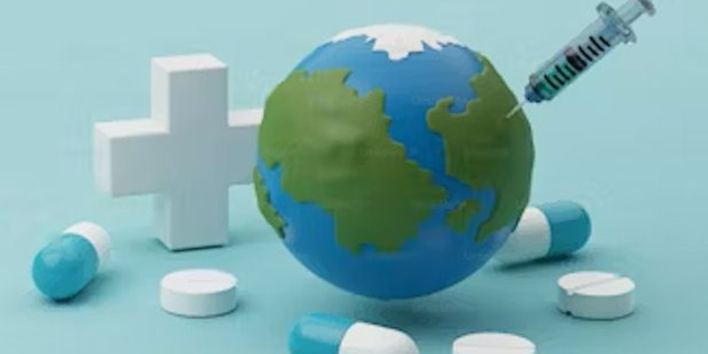 A needle stuck into a globe, surrounded by medicine