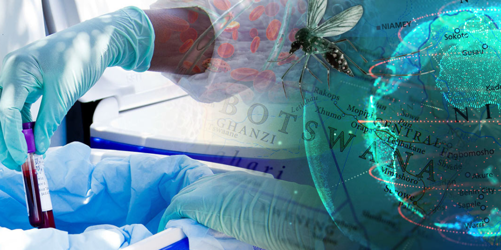 A graphic collage including hands wearing medical gloves holding a vial of blood, a mosquito, and the world.