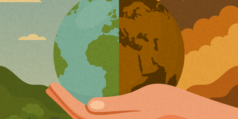 A hand holds a globe with half of the image sunny and green and the other half brown and polluted.