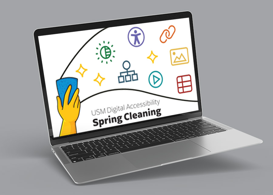 a laptop on a gray background displays a decorative slide that says USM Digital Accessibility Spring Cleaning