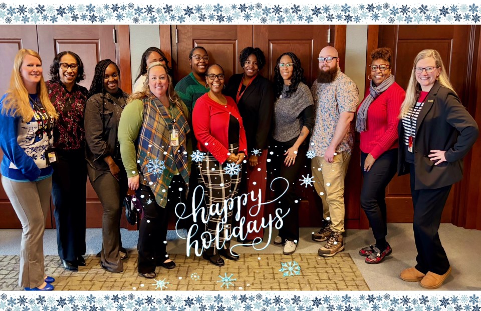 Members of the A&F Admin Team pose for a holiday greeting.
