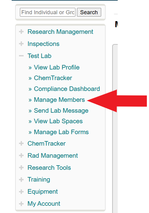 Image showing where to click to manage a lab's members in the SciShield system