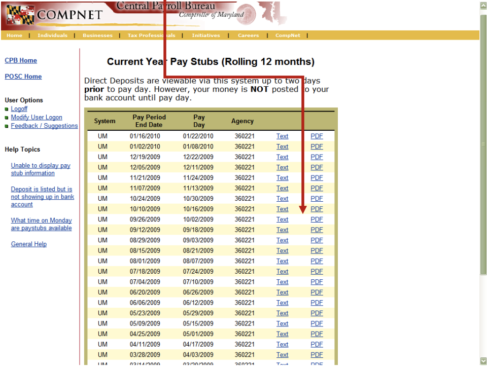 Screenshot of the pay stubs page