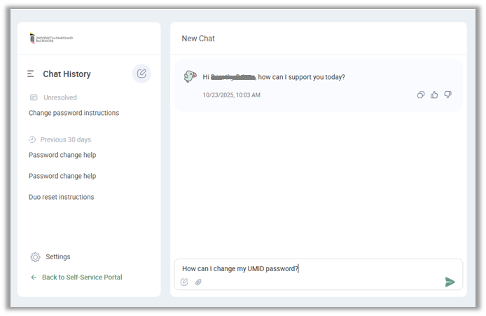 Screen shot of the SysAI Chatbot screen