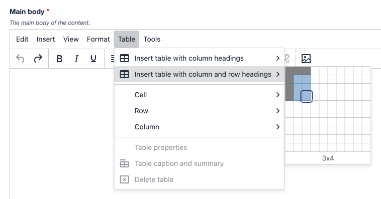 A screenshot of the Insert table with column and row headings menu