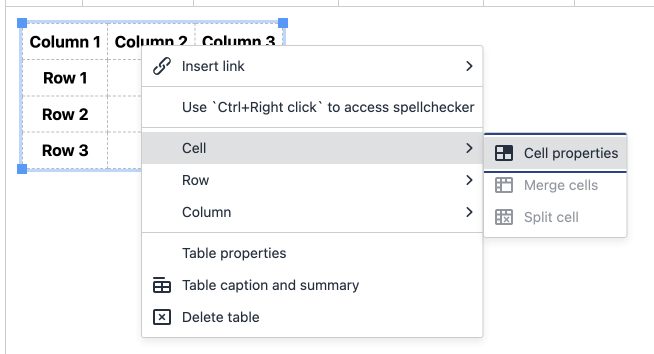 A screenshot of the Cell properties option in the menu that appears after right-clicking a cell