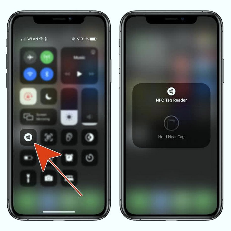 mobile phone screens showing where to find the NFC icon