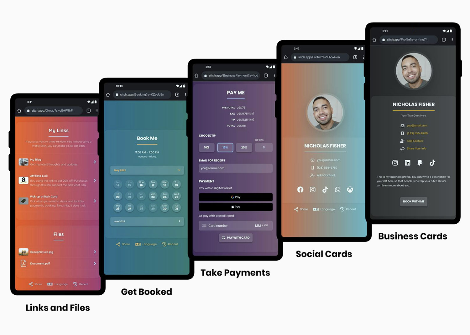five mobile phones with sample sitch screens viewable