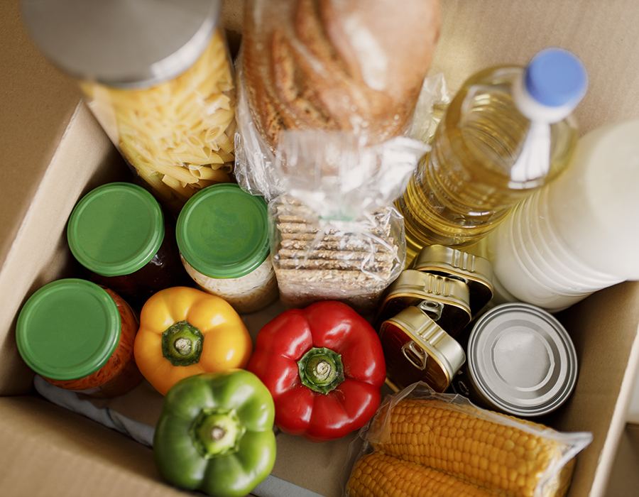 Food donations box full of groceries