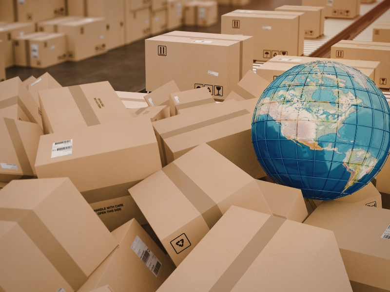 A globe sits among shipping boxes