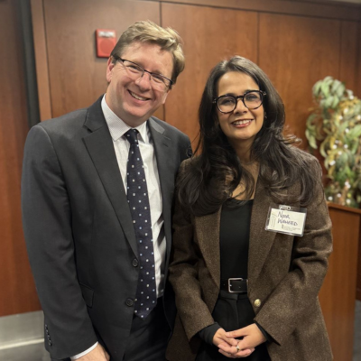 Professor Peter Danchin, director, International and Comparative Law Program, and Noor Waheed, Class of 2026 and editor-in-chief of the 