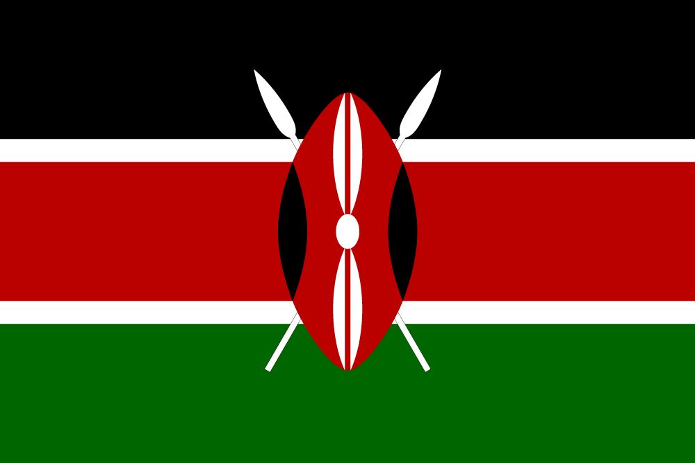 Flag of Kenya with black, red, and green stripes divided by smaller white stripes and a shield with crossed spears in the middle