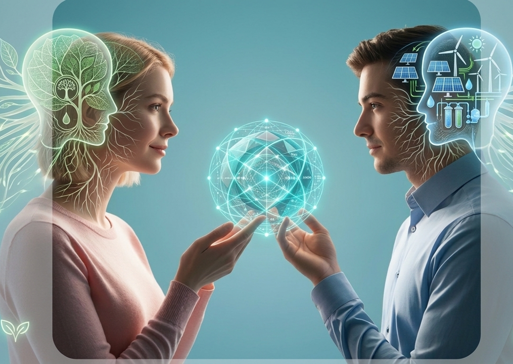 Two human brains gathering knowledge and learning