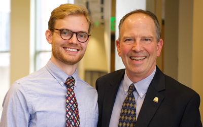 Michael Sikorski, left, a student in the joint MD/PhD program in Molecular Microbiology & Immunology and Bret Hassel, PhD, associate professor at the University of Maryland School of Medicine. 