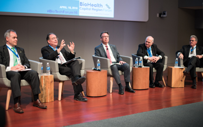 President Jay A. Perman, MD, second from left, addresses the Regional BioTech Forum. 