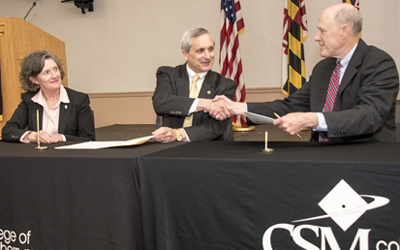 UMSON Dean Jane Kirschling, PhD, RN, FAAN, left; CSM President Brad Gottfried, PhD; and UMB Senior Vice President and Dean of the Graduate School Bruce Jarrell, MD, FACS.
