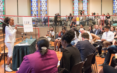 Sonja Sohn, actress and activist known for The Wire, addresses the School of Law's police reform Community Town Hall on Sept. 7, 2016.