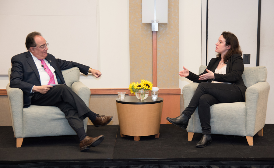 UMB President Jay A. Perman and New York Times correspondent Maggie Haberman at the President's Panel on Politics and Policy