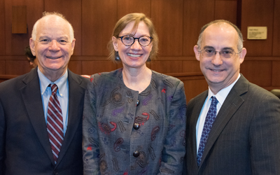 Sen. Ben Cardin, JD ’67, National Taxpayer Advocate Nina E. Olson, JD, and Maryland Carey Law Dean Donald B. Tobin, JD. 
