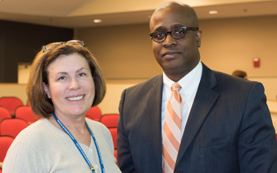 Strategic Plan co-chairs Claire Fraser, PhD, director of the Institute for Genome Sciences (IGS) in the School of Medicine, left, and Roger Ward, EdD, JD, MPA, chief accountability officer, vice president for operations and planning.
