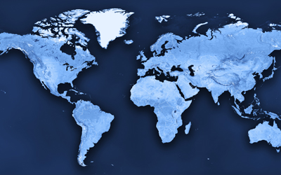 A map of the world, showing ice in polar regions.