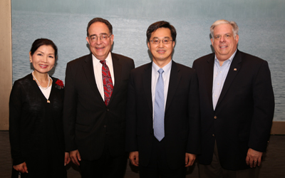 Md. First Lady Yumi Hogan, Ajou University President Dong Yeon Kim, UMB President Jay Perman and Md. Gov. Larry Hogan (l-r).