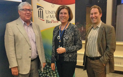 William Maixner, DDS, PhD, of the University of North Carolina-Chapel Hill, Jeffrey Mogil, PhD, of McGill University, and Claire Fraser, PhD, of the Institute for Genome Sciences at the School of Medicine, were guest speakers at the inaugural symposium of the Center to Advance Chronic Pain Research.