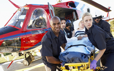 Patient is unloaded from medevac helicopter