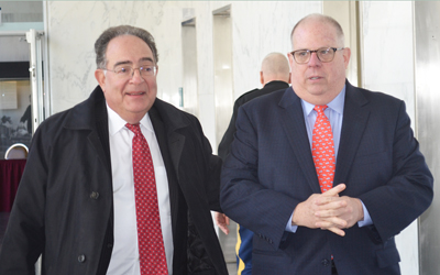 President Jay A. Perman, MD, and Gov. Larry Hogan at the 2018 Maryland Technology Transfer Summit 