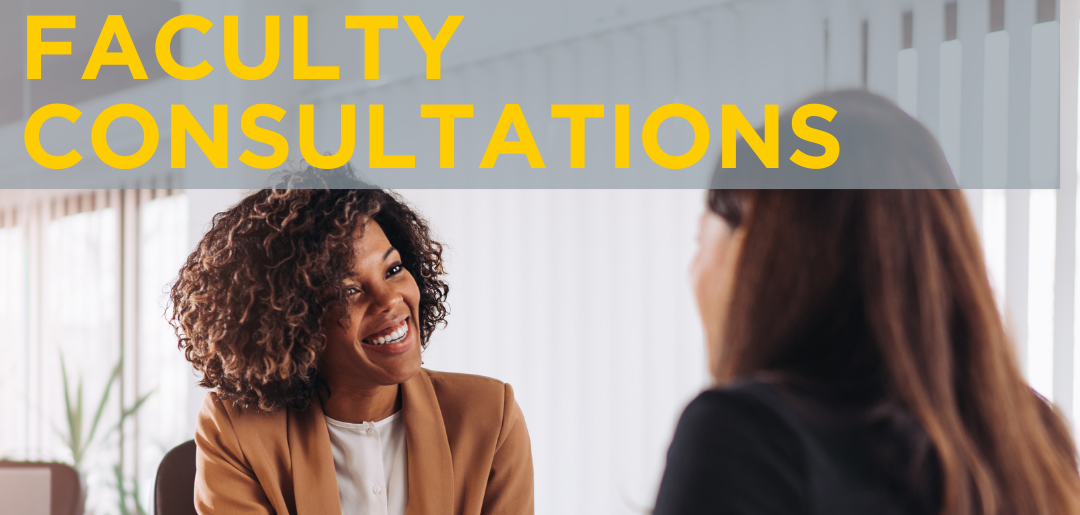 Two women sit across from each other at a desk, smiling and talking. Yellow text at the top reads “Faculty Consultations.”