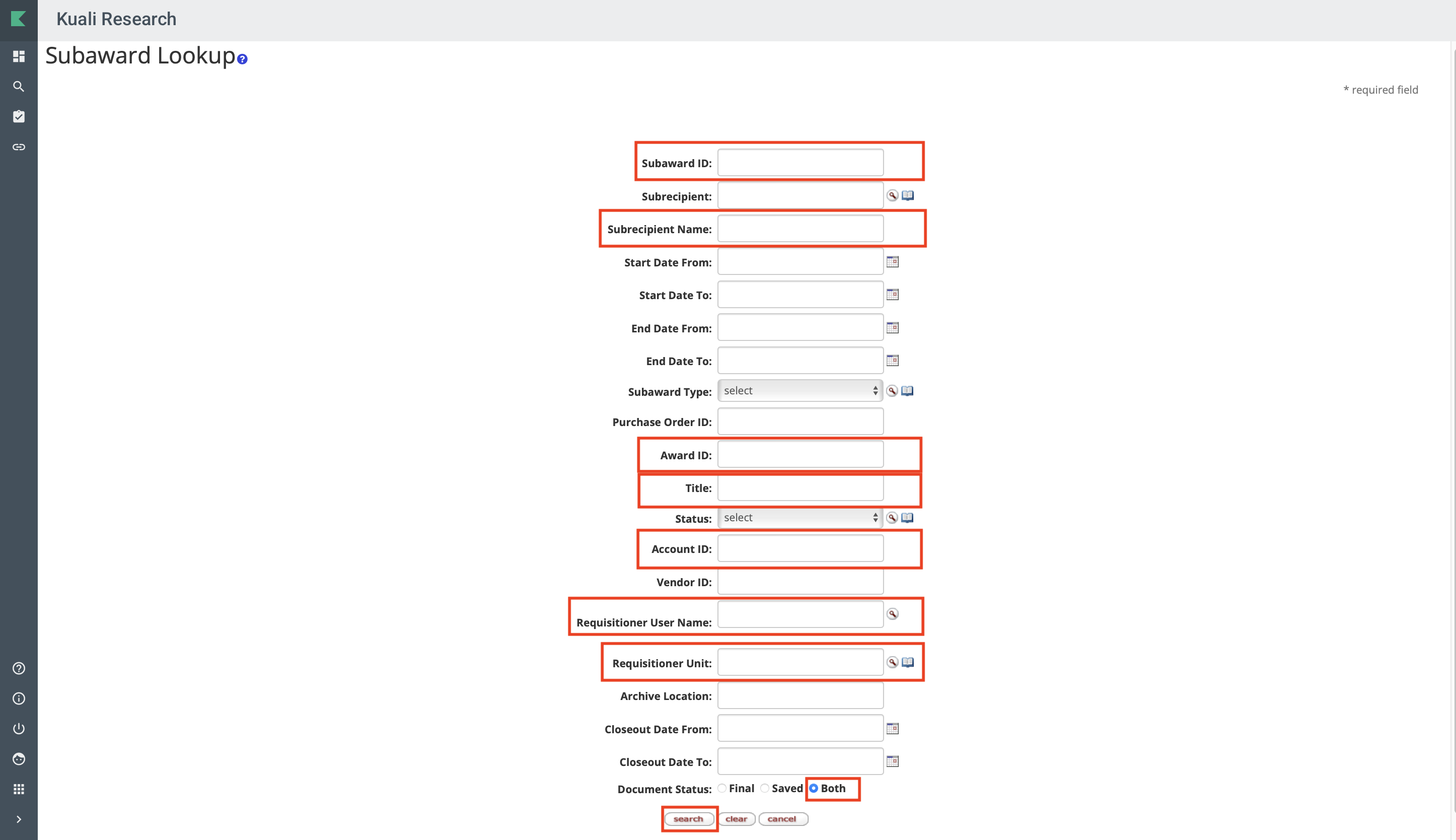 Screenshot of KR Subaward Lookup options