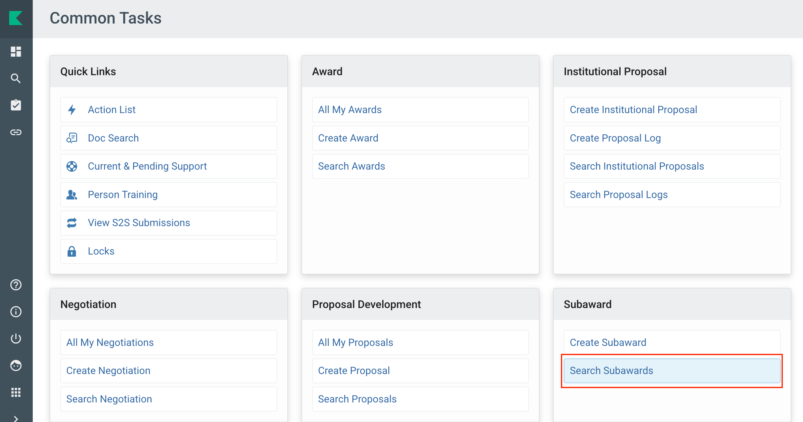 Screenshot of Kuali Research Common Tasks