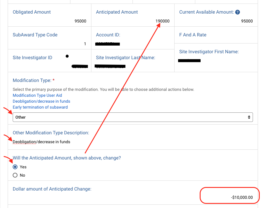Screenshot from the Kuali Build Subaward Request showing the fields described in the web page.