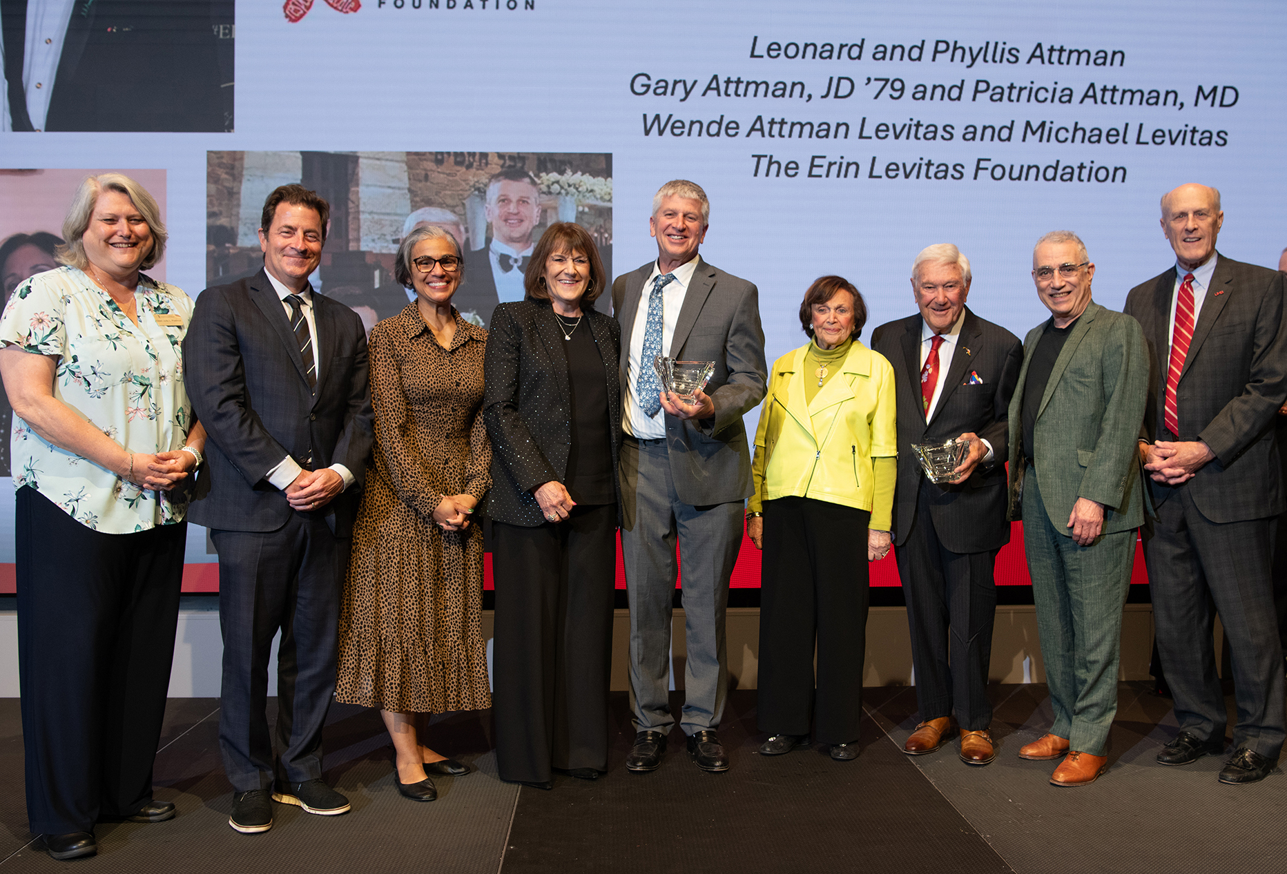 From left, Judy Postmus, Mark Gladwin, Renée Hutchins Laurent, Wende Attman Levitas, Michael Levitas, Phyllis Attman, Leonard Attman, Thomas Scalea, and Bruce Jarrell. (Photos by Matthew D’Agostino)