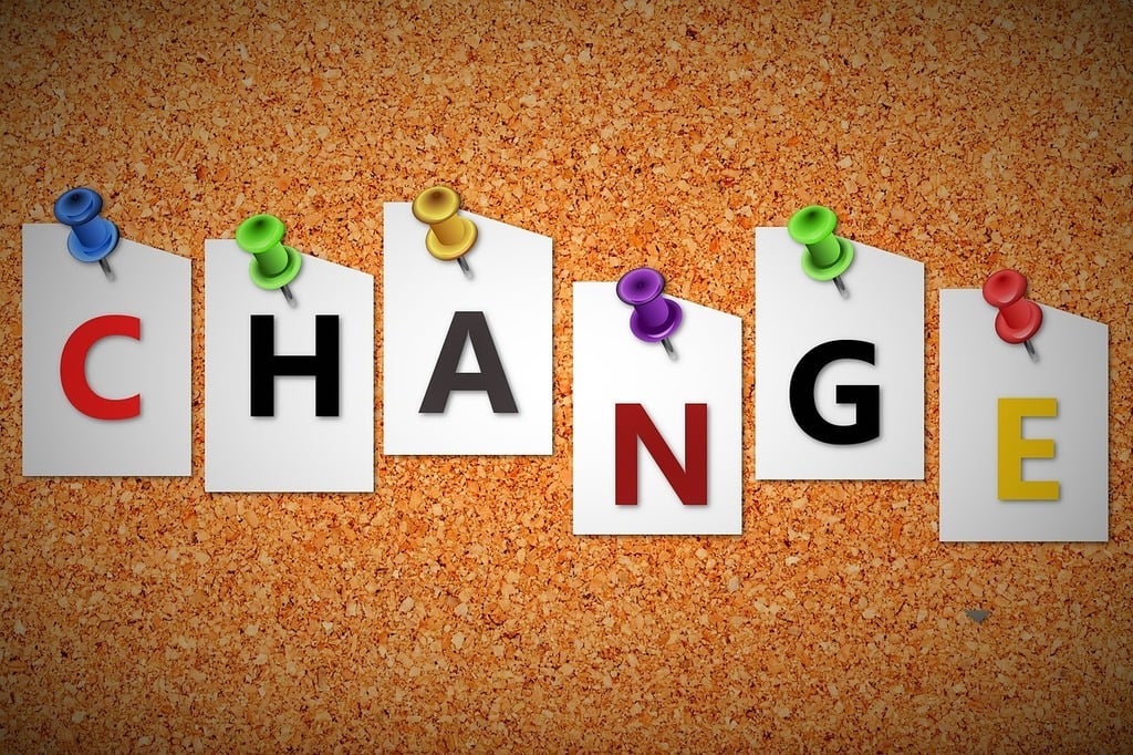 Letters of the word "change" pinned on a corkboard. (Public domain)
