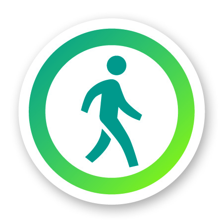 Blue person walking with a blue and green circle around them.